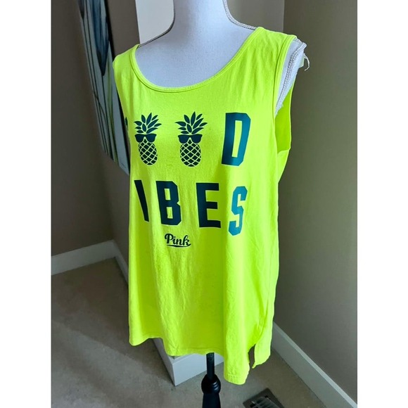 PINK Good Vibes bright green ladies tank top size L - Picture 3 of 5
